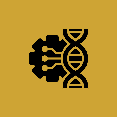 DNA strand and gear symbol on yellow.