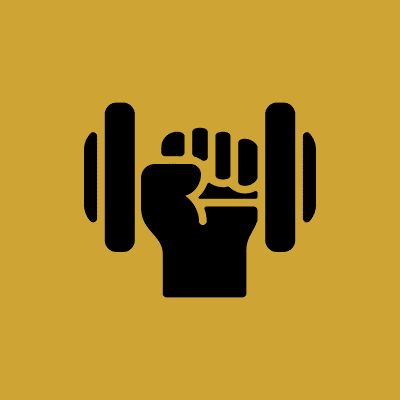 Fist holding dumbbell on yellow background.