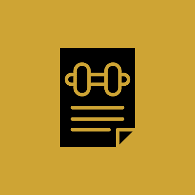 Document with dumbbell icon on yellow background.